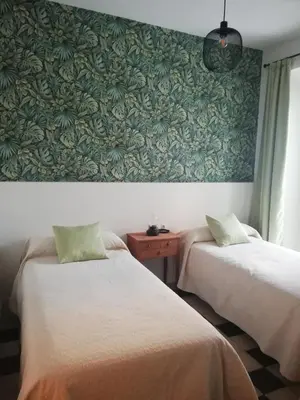 two beds in a room with a green wall at Apartamento Arco´s House in Sanlúcar de Barrameda