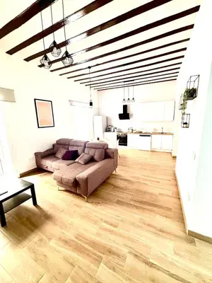 a large living room with a couch and a kitchen at Tía Norica - Centro Cádiz in Cádiz