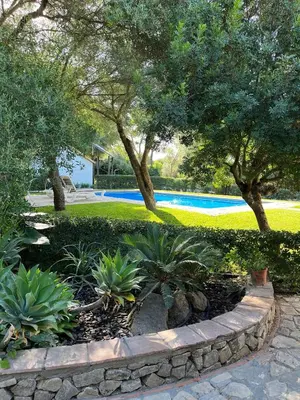 a garden with plants and trees and a swimming pool at CASA CHOCOLATE in Malcocinado