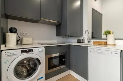 a kitchen with a washing machine and a sink at Allo Apartments Santa Maria II Centro 2 Habitaciones in Jerez de la Frontera