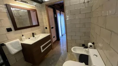 a bathroom with a sink and a toilet and a mirror at Casa del lago in Sanlúcar de Barrameda
