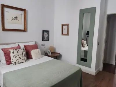 a bedroom with a large bed and a mirror at Porvenir centro in Jerez de la Frontera