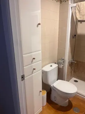 a small bathroom with a toilet and a shower at Apartamento en primera línea de playa Valdemar 1 in El Puerto de Santa María