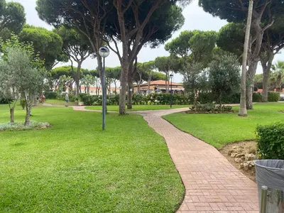a path through a park with trees and a light pole at Apartamento La Balconera 1ª línea de Playa in Chiclana de la Frontera