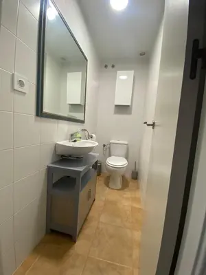 a bathroom with a toilet and a sink and a mirror at Apartamento La Balconera 1ª línea de Playa in Chiclana de la Frontera