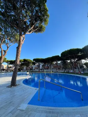 a swimming pool with trees and blue skies at Apartamento de Reme Playa de la Barrosa in Chiclana de la Frontera
