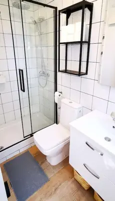 a bathroom with a shower and a toilet and a sink at Apartamento Mery Oliva in Chiclana de la Frontera