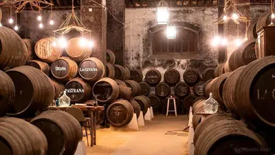 a room with a bunch of wine barrels at Casa Sanlucar Centro in Sanlúcar de Barrameda