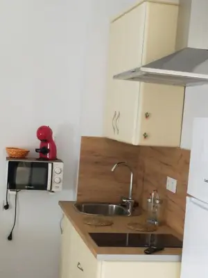 a small kitchen with a sink and a microwave at apartamentos Larios centro in Sanlúcar de Barrameda