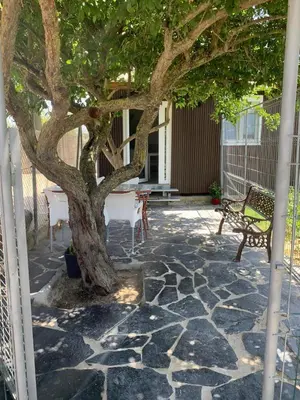 a patio with a tree and a table and a bench at Casa ILEANA in Sanlúcar de Barrameda