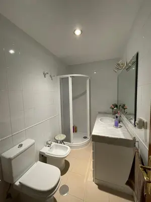 a bathroom with a toilet and a shower and a sink at Apartamento Vallehermoso in El Puerto de Santa María