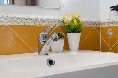 a bathroom sink with a faucet and two plants at Apartoyou - Chalet & Pool in El Puerto de Santa María