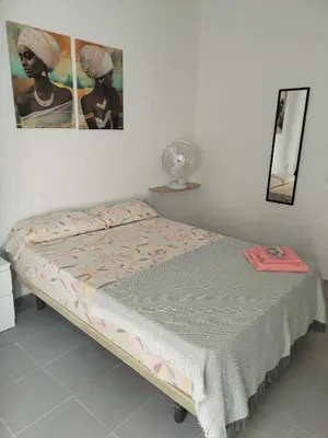 a small bed in a room with a fan at Apartamentos La Campana 1 in Jerez de la Frontera