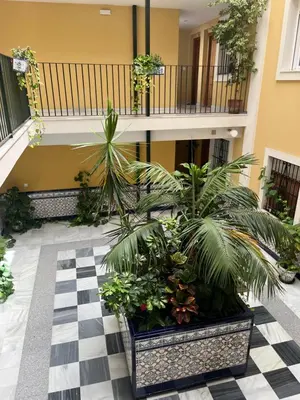 a lobby with palm trees and plants on a checkered floor at Apartamento Plata Real in Sanlúcar de Barrameda