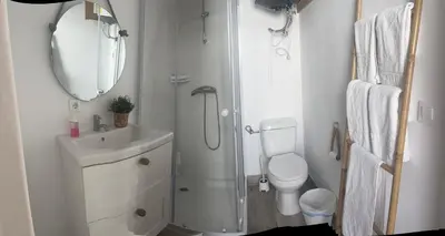 a bathroom with a shower and a sink and a toilet at Estudios Los Sueños de Ana in Jerez de la Frontera