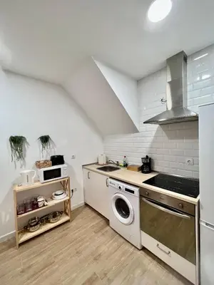 a kitchen with a stove and a washer and dryer at Apartamentos La Albariza Jerez Centro in Jerez de la Frontera