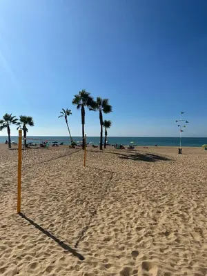 a volley ball net on a beach with palm trees at Chipiona Suites A in Chipiona