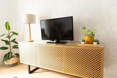 a television sitting on top of a wicker entertainment center at Tanguillo by Gades Gestión in Cádiz