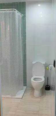 a bathroom with a toilet and a shower curtain at MiaEle in Sanlúcar de Barrameda