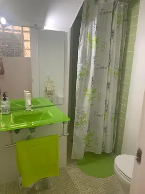 a bathroom with a green sink and a shower curtain at Apartamento in Sanlúcar de Barrameda