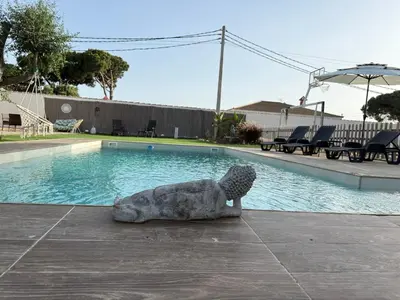 a statue is sitting next to a swimming pool at La Marciana - piscina pista tenis futbol y baloncesto privado - Bungalow externo independiente in Chiclana de la Frontera