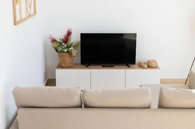 a living room with a couch and a flat screen tv at Complejoschiclana in Chiclana de la Frontera