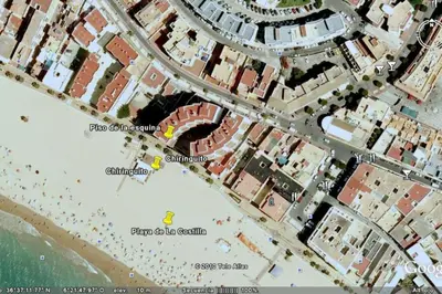 a map of a beach and the ocean at 1ª Línea de playa, ESPECTACULARES VISTAS, GARAJE, WIFI in Rota