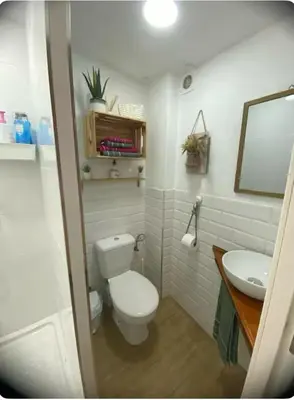 a bathroom with a white toilet and a sink at CASITA PINYPON in Jerez de la Frontera