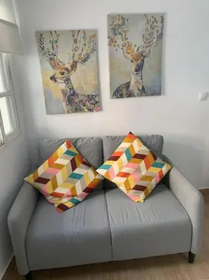 two pillows on a couch in a living room with paintings at CASITA PINYPON in Jerez de la Frontera