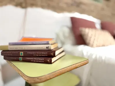 a stack of books on a table next to a couch at Kala Almendrillo Apartment Boutique in Jerez de la Frontera