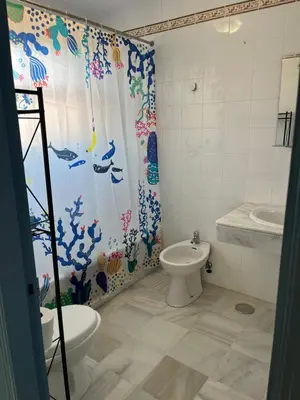 a bathroom with a toilet and a shower curtain at Fuentebravia House in El Puerto de Santa María