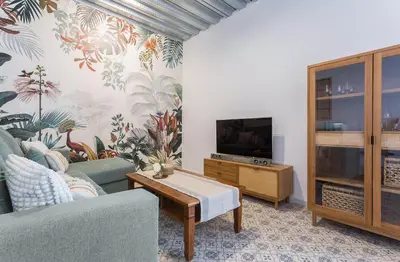a living room with a couch and a tv at Apartamento El Mural in Jerez de la Frontera