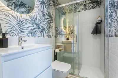 a bathroom with a shower and a toilet and a sink at Apartamento El Mural in Jerez de la Frontera
