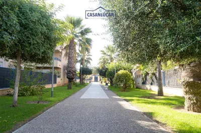 a walkway in a park with trees and a street sign at Vivienda Magallanes in Sanlúcar de Barrameda