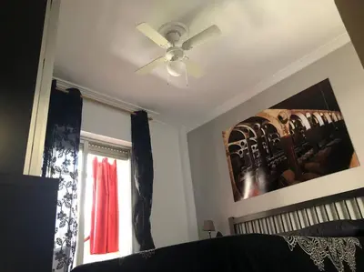 a bedroom with a ceiling fan and a window at Apartamento Bulerias de Jerez in Jerez de la Frontera