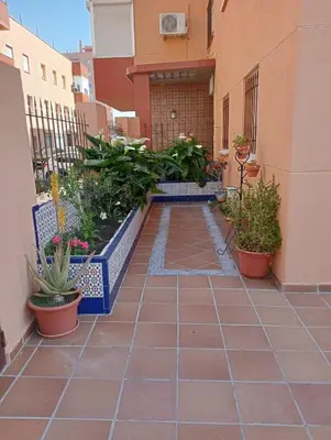a walkway with potted plants on the side of a building at LOS MELLIS in Sanlúcar de Barrameda
