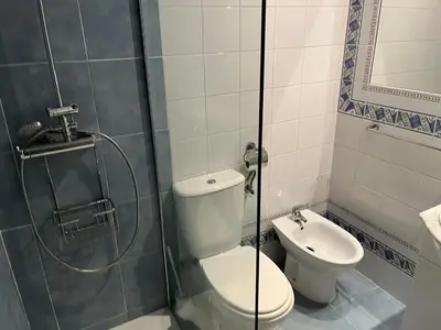 a bathroom with a shower and a toilet and a sink at Apartamento Red -primera linea de playa in El Puerto de Santa María