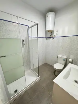 a bathroom with a shower and a toilet and a sink at Cabildo 2 in Sanlúcar de Barrameda