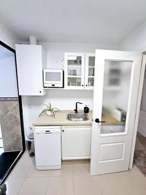 a white kitchen with a sink and a microwave at Apartamento Vetalegua Jerez in Jerez de la Frontera