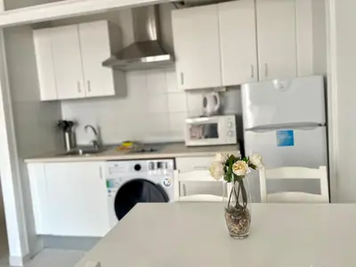 a kitchen with a vase of flowers on a table at Pescadores del Sur in Chiclana de la Frontera