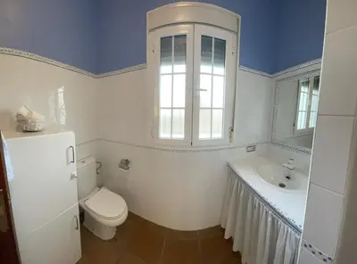 a bathroom with a toilet and a sink and a window at Casa Victoria in Arcos de la Frontera