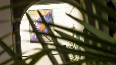a window with a stained glass window on a building at Hostal Campo Nuevo in Sanlúcar de Barrameda