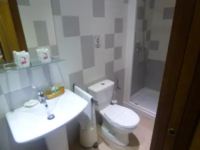 a bathroom with a toilet and a sink and a shower at Hostal Campo Nuevo in Sanlúcar de Barrameda