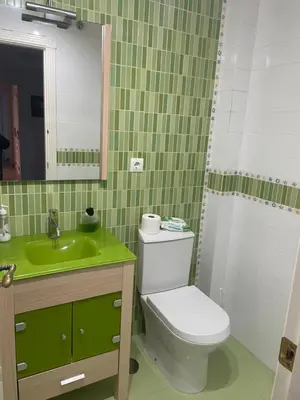 a bathroom with a toilet and a sink and a mirror at Villa Sagrario in Chiclana de la Frontera