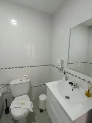a white bathroom with a toilet and a sink at Apartamento Red de Almadraba in Chiclana de la Frontera