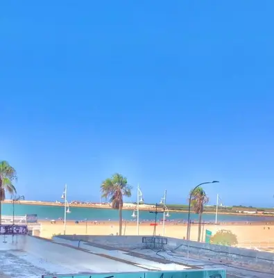 a beach with palm trees and a bridge in the background at Primera linea playa valdelagrana vistas al mar in El Puerto de Santa María