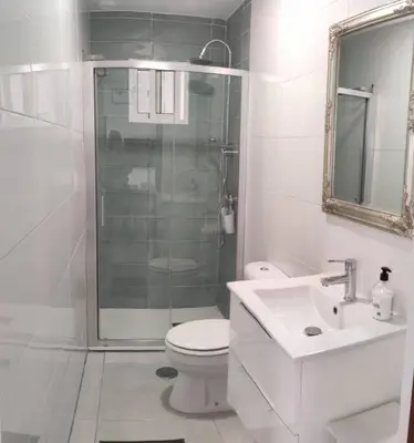 a bathroom with a shower and a toilet and a sink at Casa de la Paz / Andalucia in Hozanejos