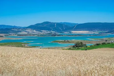 a view of a field of grass and a lake at Private Villa Cortijo Sierra y Lago with private swimming pool in Arcos de la Frontera