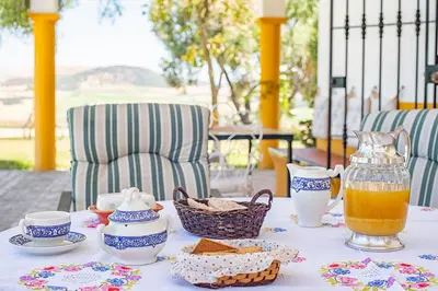 a table with food and a pitcher of orange juice at Private Villa Cortijo Sierra y Lago with private swimming pool in Arcos de la Frontera
