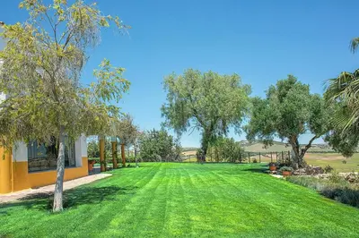 a large yard with green grass and trees at Private Villa Cortijo Sierra y Lago with private swimming pool in Arcos de la Frontera